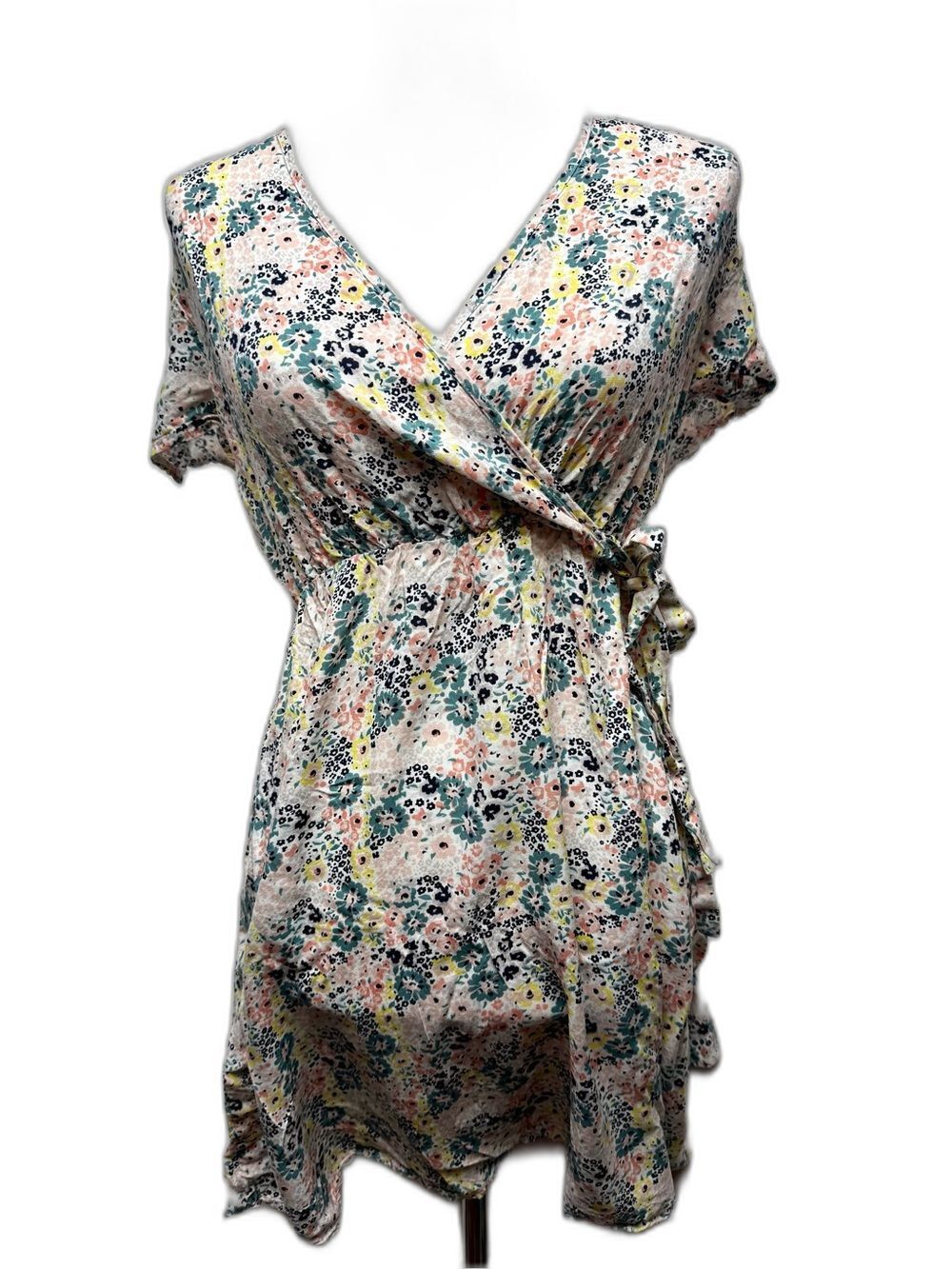 DownEast Floral Wrap Midi Dress in Pink, Green, Yellow